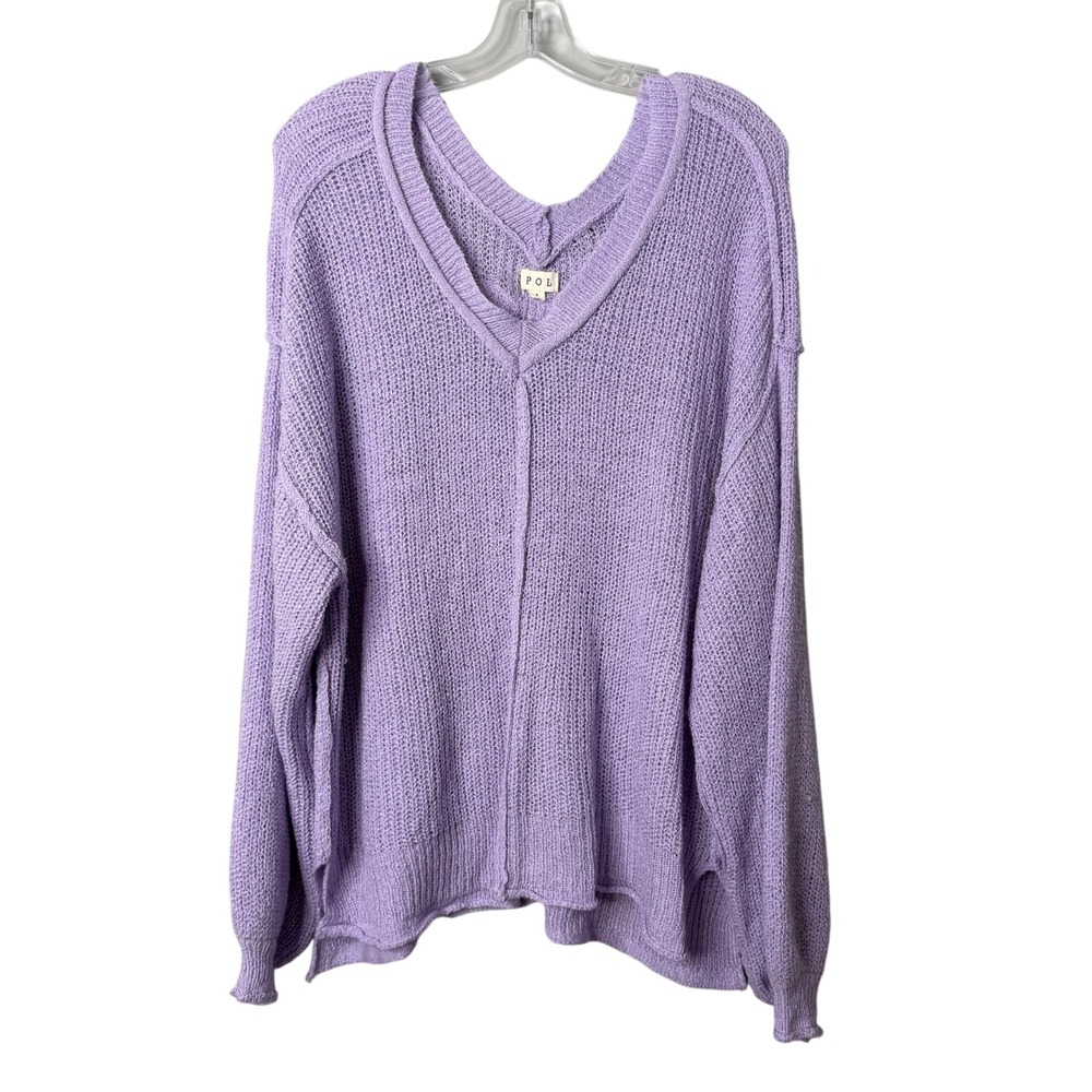 POL Sweater Womens Large Purple V-Neck Loose Knit Oversized Seam Detail Baggy